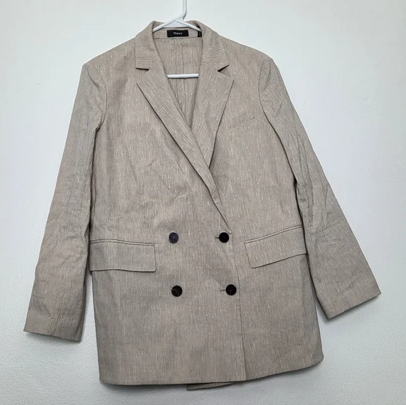 THEORY Piazza Tan Linen Blend Double Breasted Blazer Size 8 Summer Blazer - Picture 3 of 16
